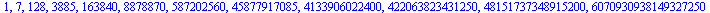 1, 7, 128, 3885, 163840, 8878870, 587202560, 45877917085, 4133906022400, 422063823431250, 48151737348915200, 6070930938149327250