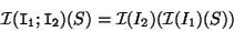 \begin{displaymath}\mathcal{I}(\mathtt{I_1;I_2})(S)=\mathcal{I}(I_2)(\mathcal{I}(I_1)(S)) \end{displaymath}